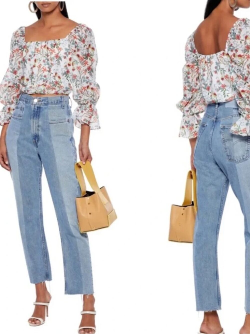 Alice + Olivia Deb Silk Blend Floral Square Neck Puff Sleeve Crop Casual Top M